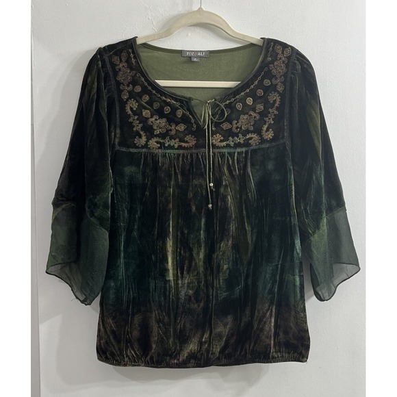 Roz & Ali Green Velvet Embroiderd Mixed Media Whimsigoth Top Medium Lace Boho - Picture 4 of 10